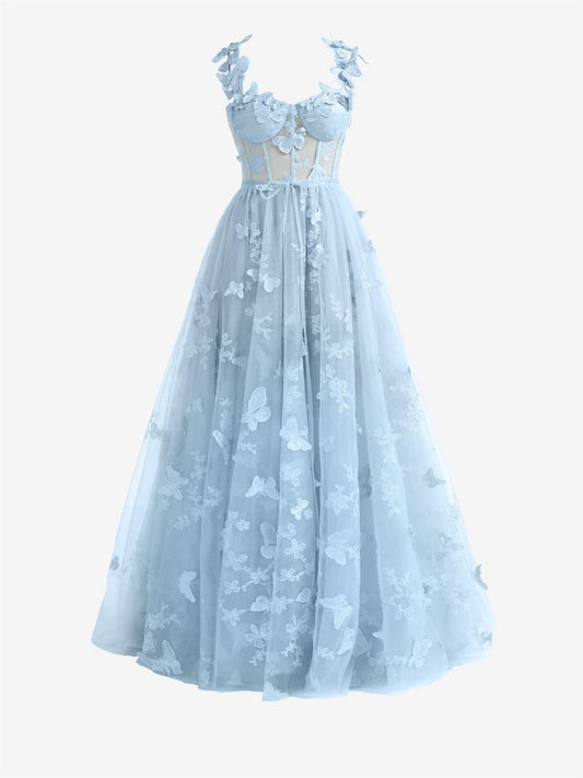 A-line Butterfly Lace Corset Prom Dresses with Slit