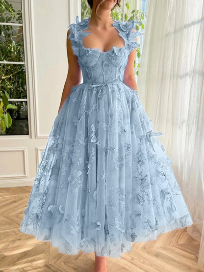 A-line Butterfly Lace Corset Prom Dresses with Slit