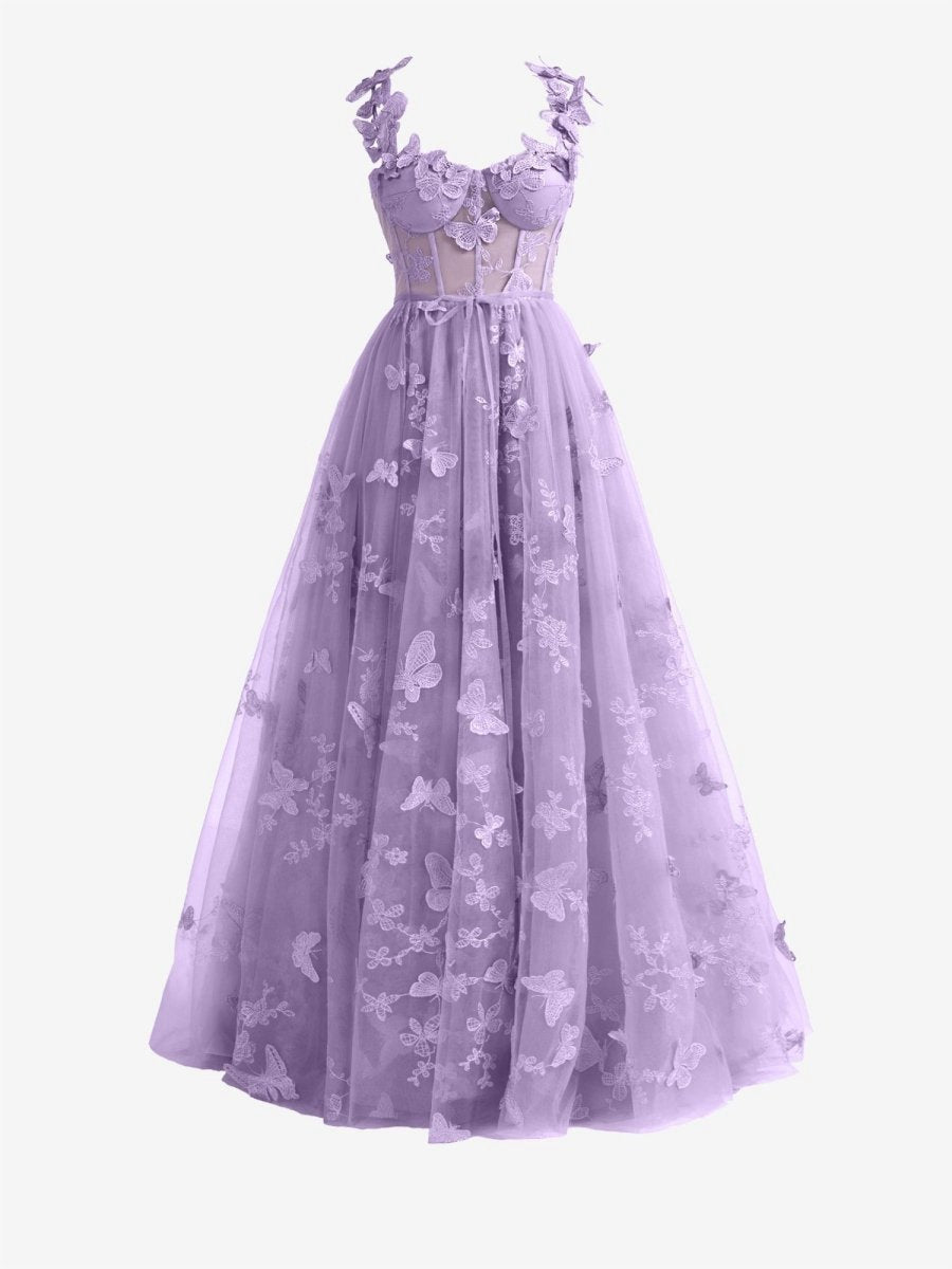 Light A-line Butterfly Lace Corset Prom Dresses with Slit