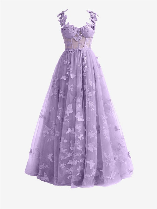 Light A-line Butterfly Lace Corset Prom Dresses with Slit