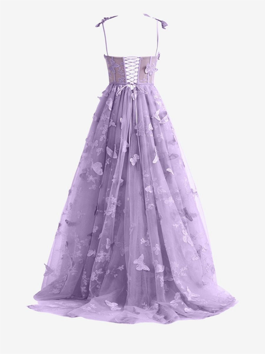 Light A-line Butterfly Lace Corset Prom Dresses with Slit