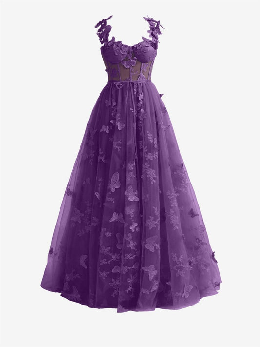 A-line Butterfly Lace Corset Prom Dresses with Slit
