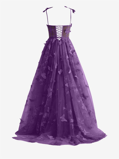 A-line Butterfly Lace Corset Prom Dresses with Slit