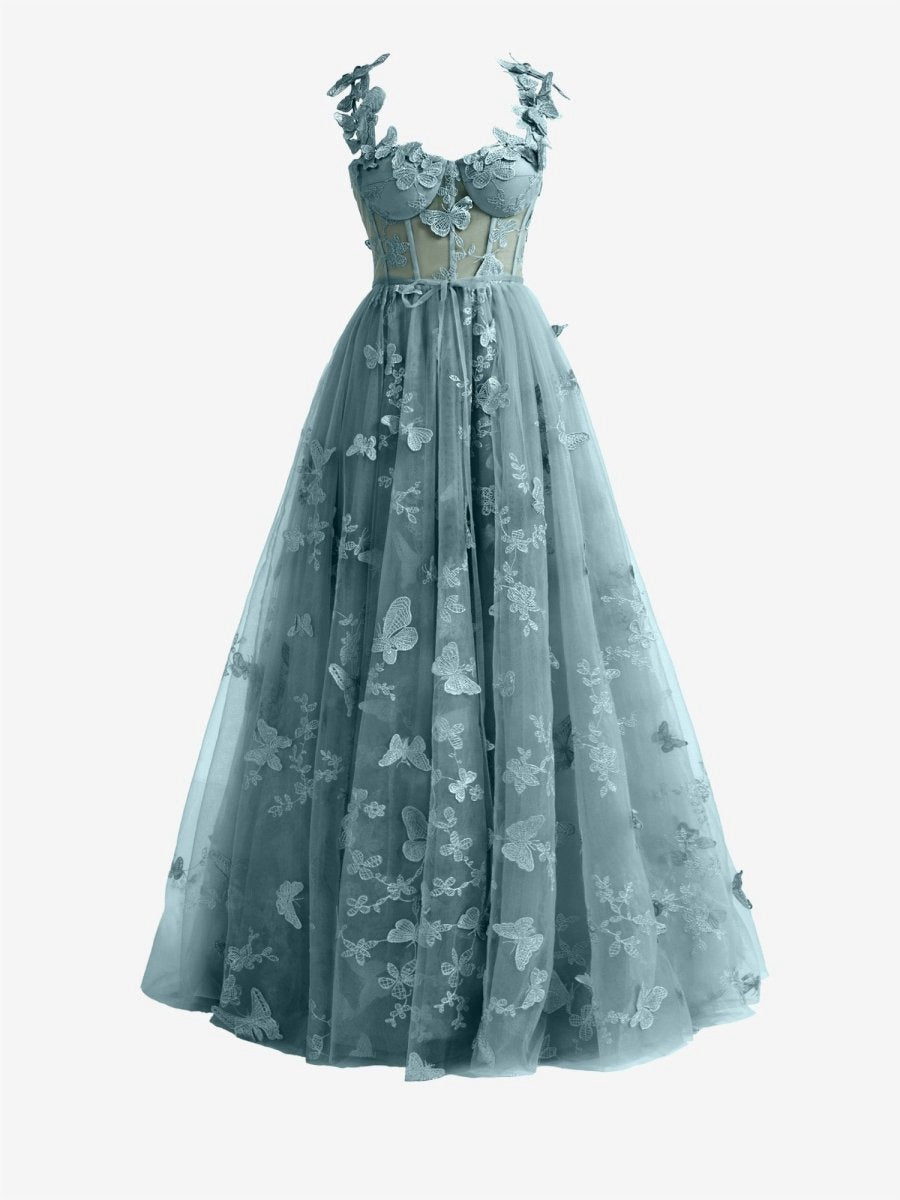Dusty A-line Butterfly Lace Corset Prom Dresses with Slit