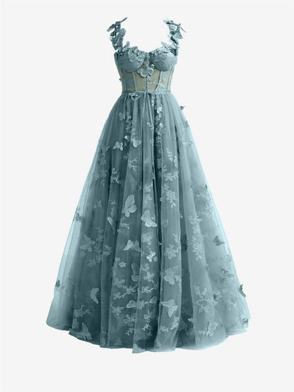 Dusty A-line Butterfly Lace Corset Prom Dresses with Slit