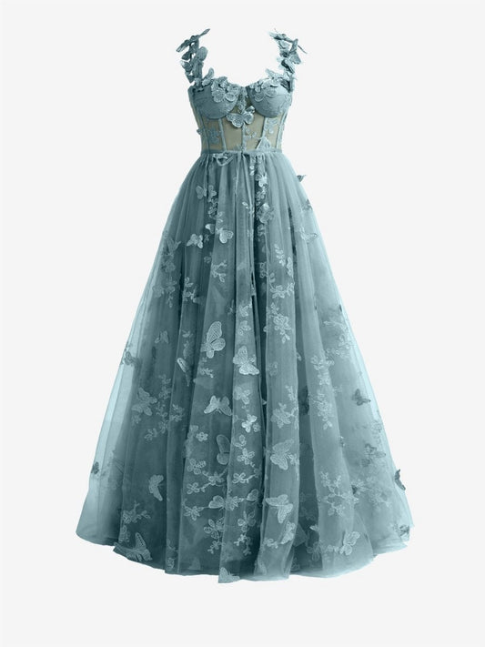 Dusty A-line Butterfly Lace Corset Prom Dresses with Slit