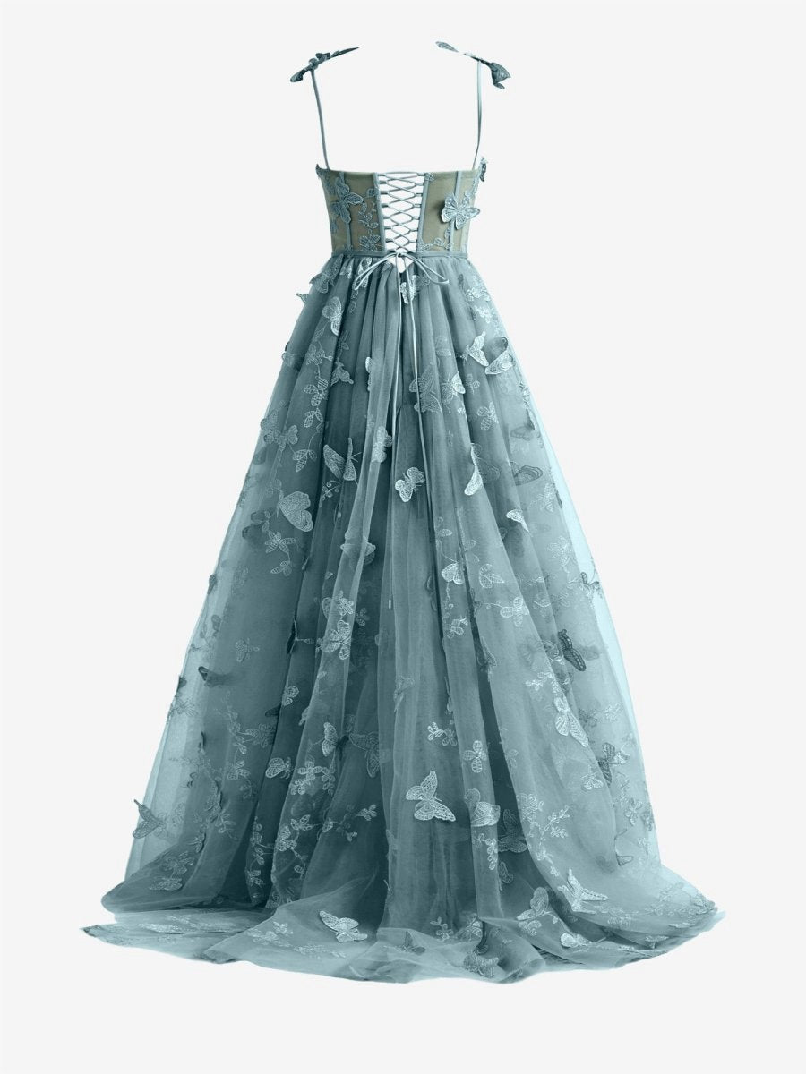 Dusty A-line Butterfly Lace Corset Prom Dresses with Slit