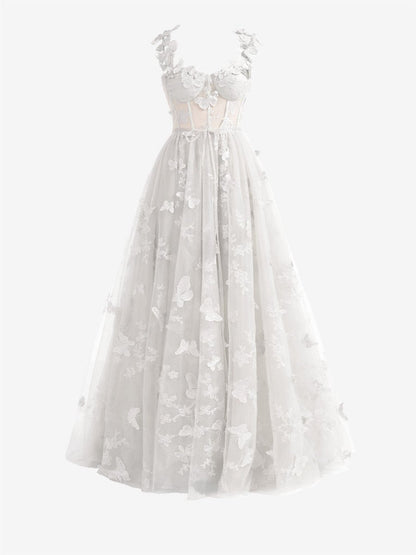 A-line Butterfly Lace Corset Prom Dresses with Slit