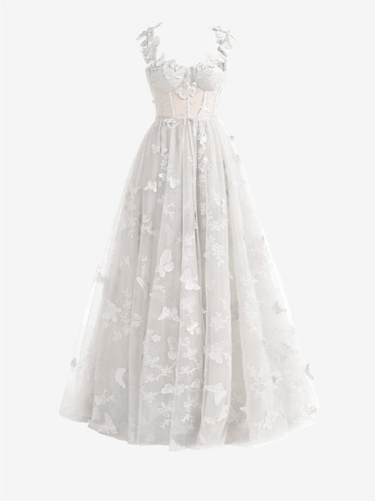 A-line Butterfly Lace Corset Prom Dresses with Slit