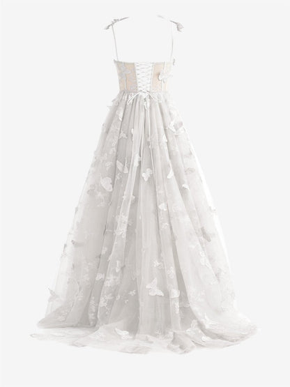 A-line Butterfly Lace Corset Prom Dresses with Slit