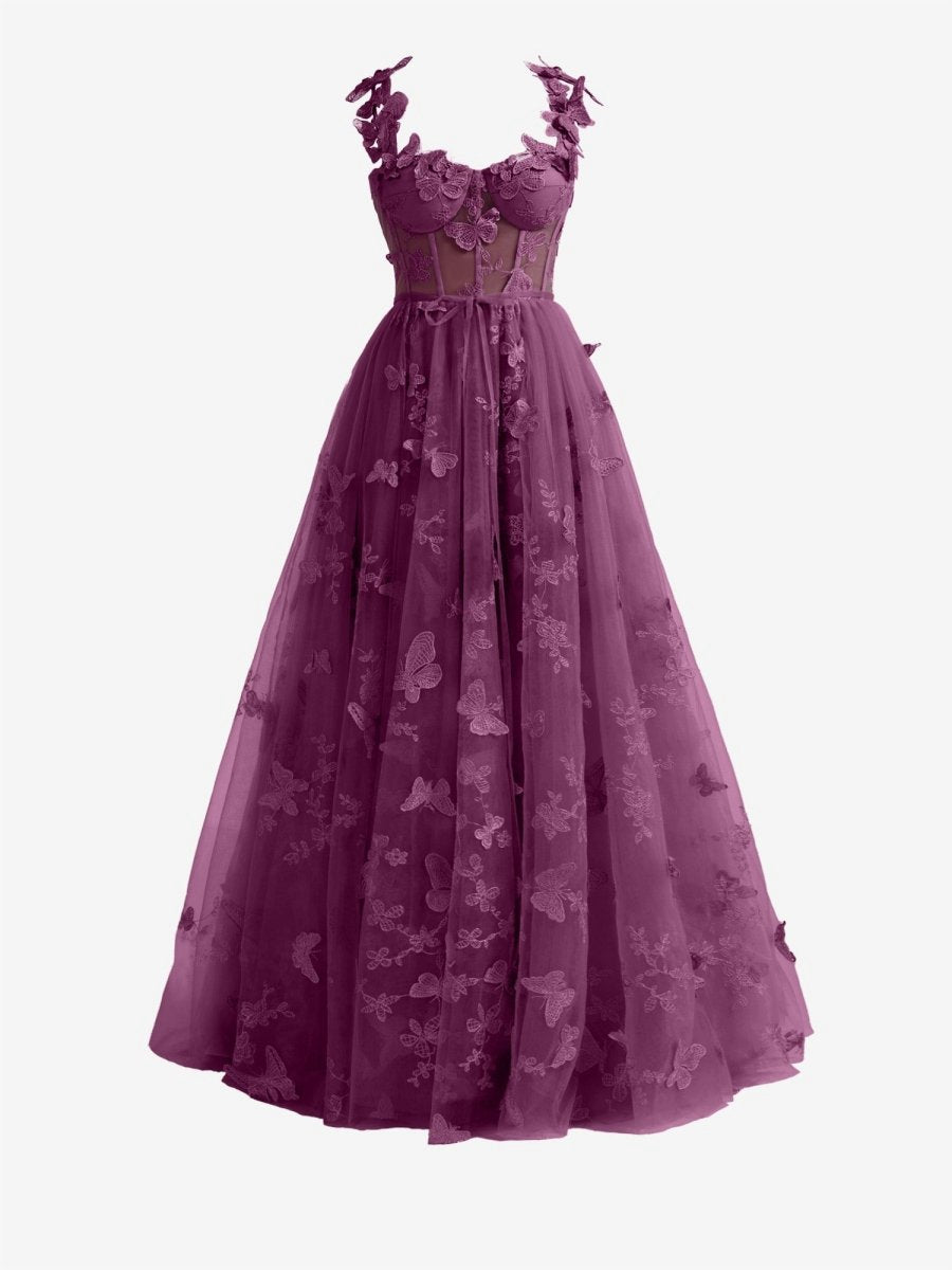 Grape A-line Butterfly Lace Corset Prom Dresses with Slit