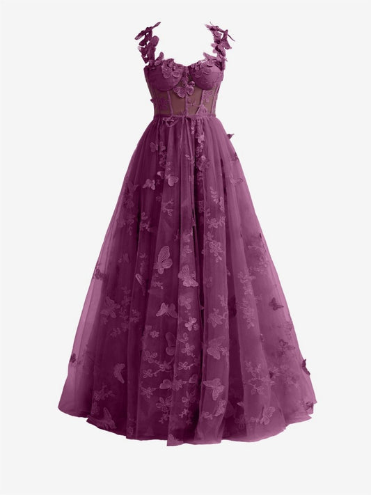 Grape A-line Butterfly Lace Corset Prom Dresses with Slit
