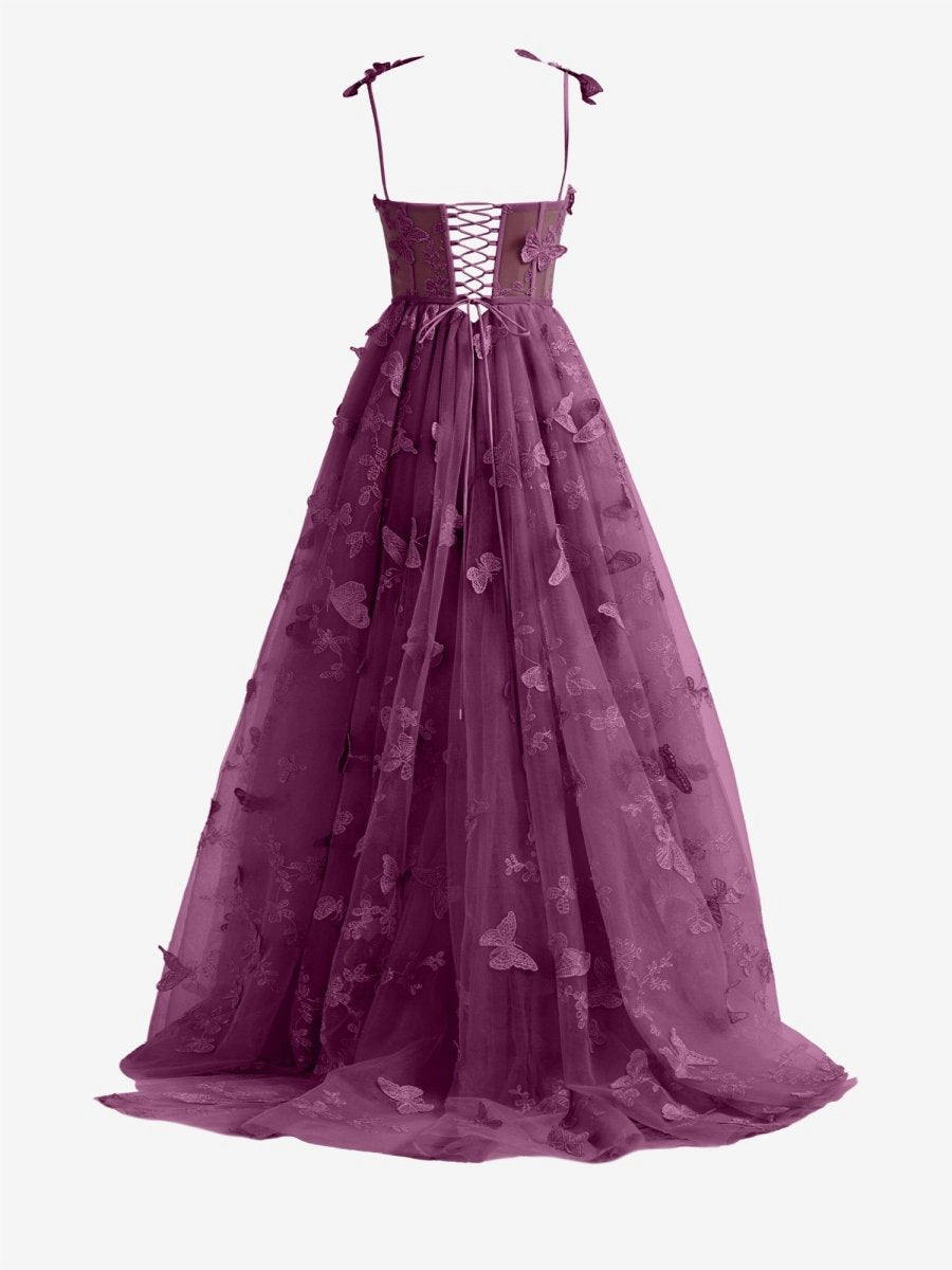Grape A-line Butterfly Lace Corset Prom Dresses with Slit