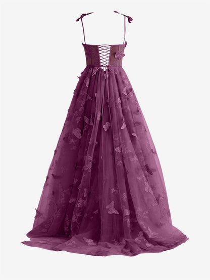 Grape A-line Butterfly Lace Corset Prom Dresses with Slit
