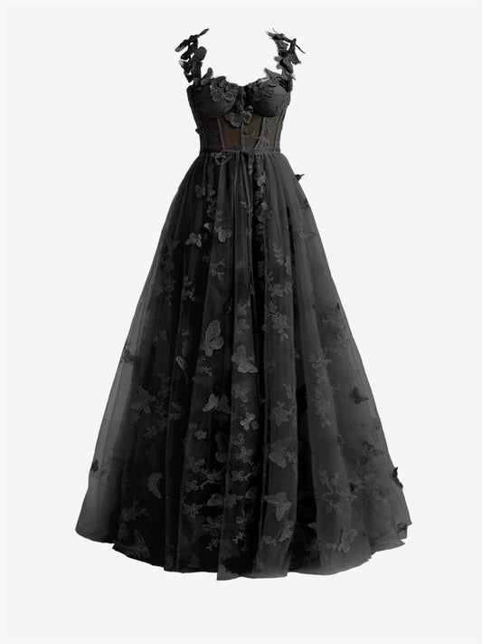 A-line Butterfly Lace Corset Prom Dresses with Slit