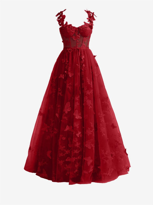 A-line Butterfly Lace Corset Prom Dresses with Slit
