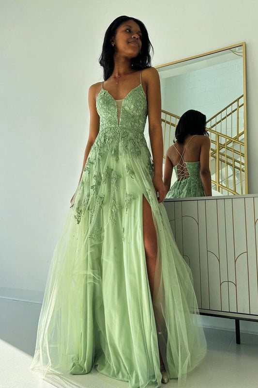 Sage V Neck Tulle A-line Long Prom Dresses with Appliques