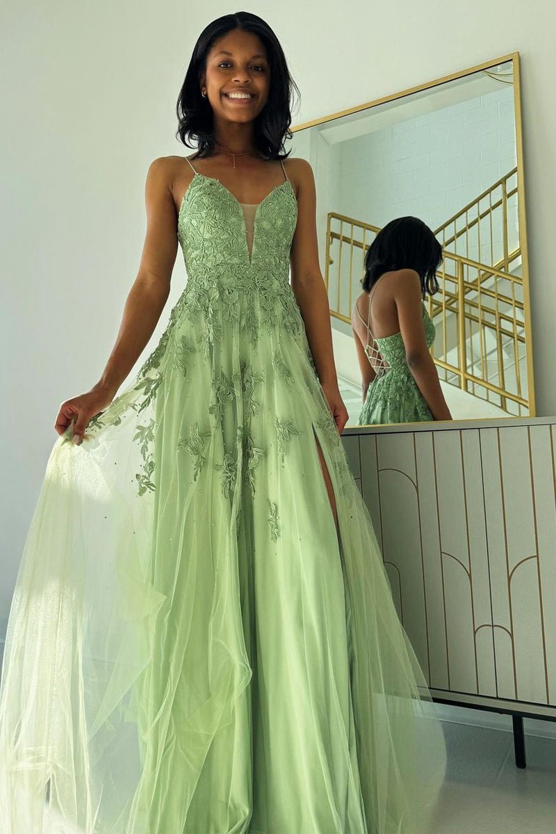 Sage V Neck Tulle A-line Long Prom Dresses with Appliques
