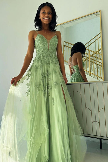 Sage V Neck Tulle A-line Long Prom Dresses with Appliques