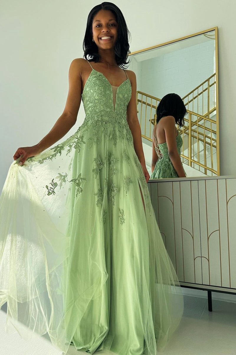 Sage V Neck Tulle A-line Long Prom Dresses with Appliques
