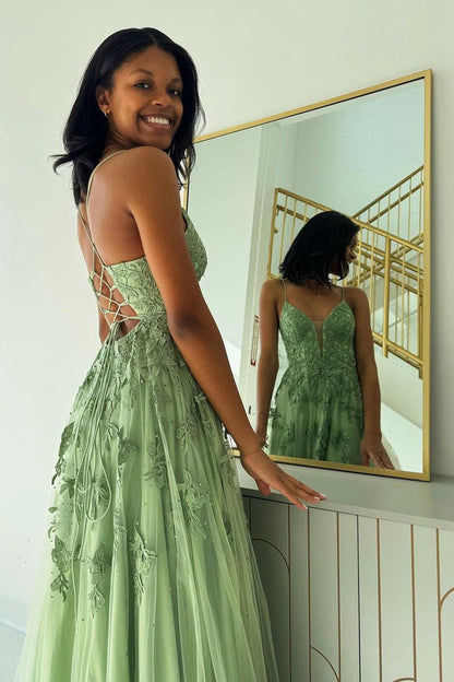 Sage V Neck Tulle A-line Long Prom Dresses with Appliques