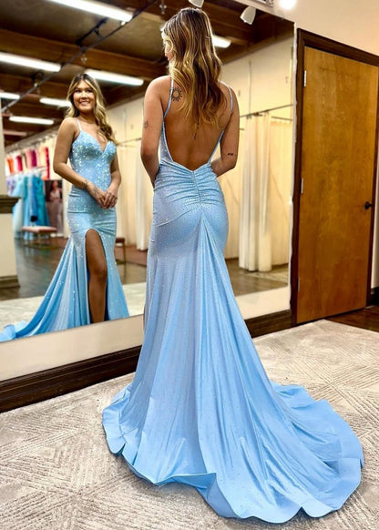 Beaded V Neck Mermaid Long Prom Dresses with Slit