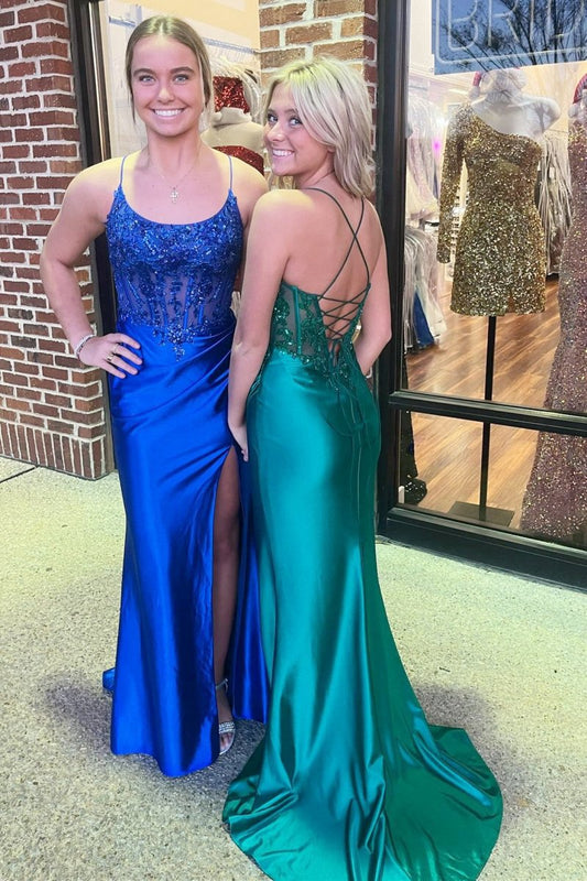 Appliques Scoop Neck Mermaid Long Formal Dresses