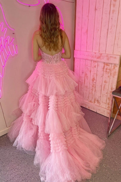 Tulle Appliques Halter Ruffle Tie Ball Gown