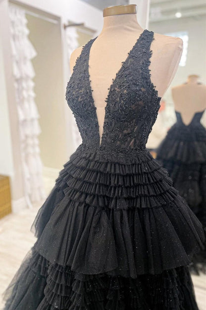 Tulle Appliques Halter Ruffle Tie Ball Gown