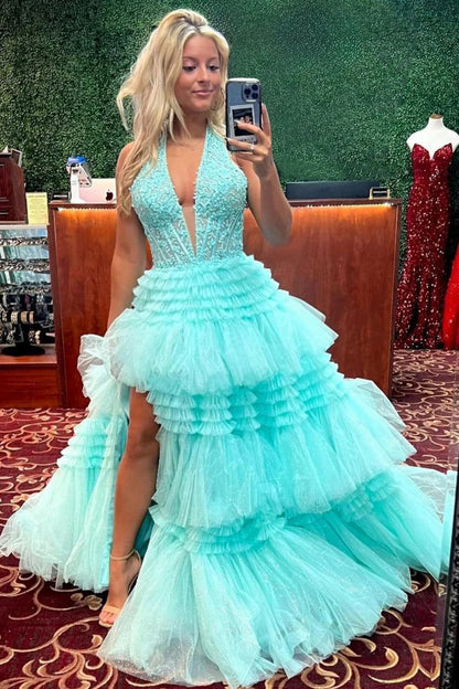 Tulle Appliques Halter Ruffle Tie Ball Gown