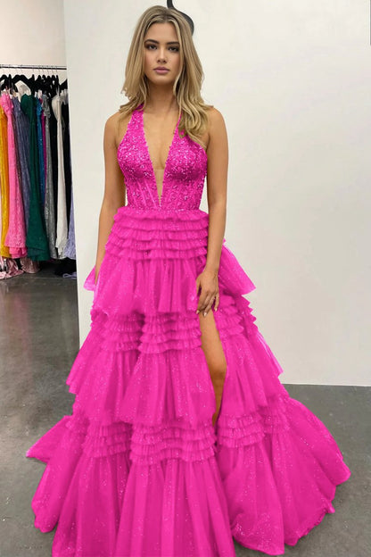 Tulle Appliques Halter Ruffle Tie Ball Gown