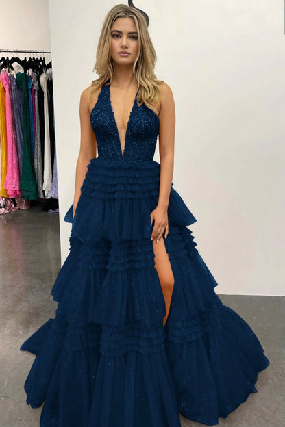 Tulle Appliques Halter Ruffle Tie Ball Gown