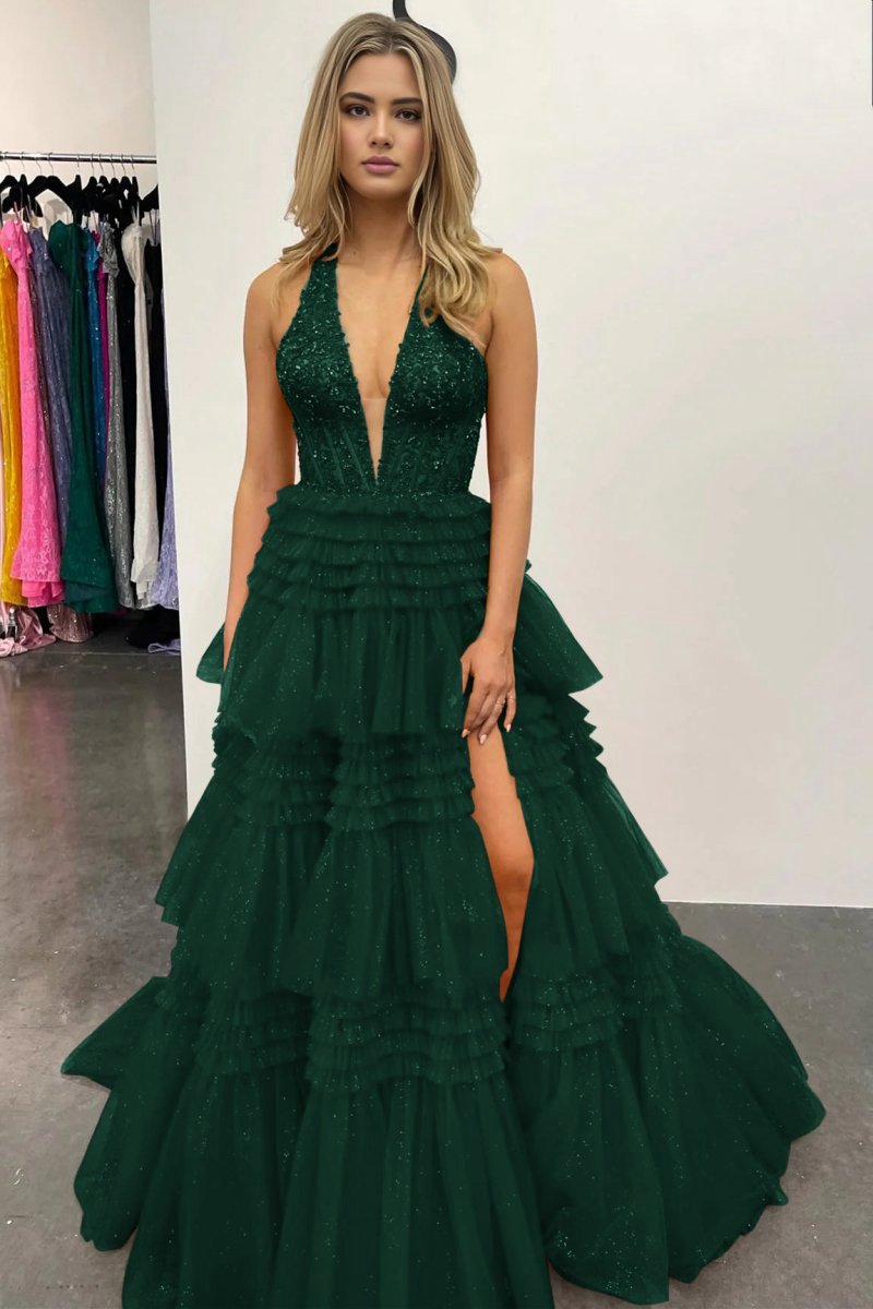 Tulle Appliques Halter Ruffle Tie Ball Gown