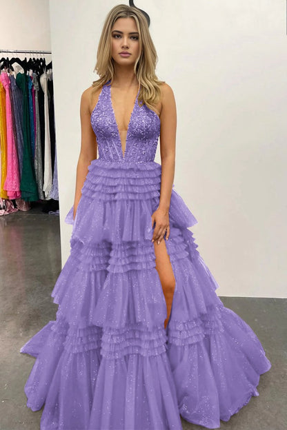 Tulle Appliques Halter Ruffle Tie Ball Gown