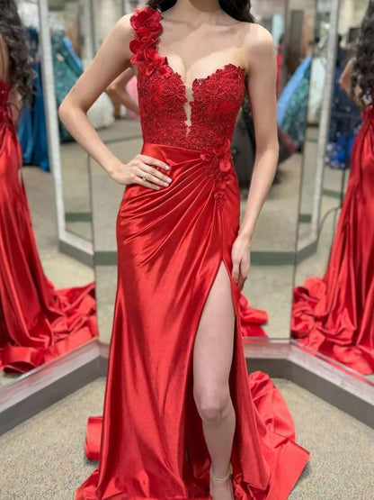 One-Shoulder 3D Floral Lace Pleated Long Gown with Slit