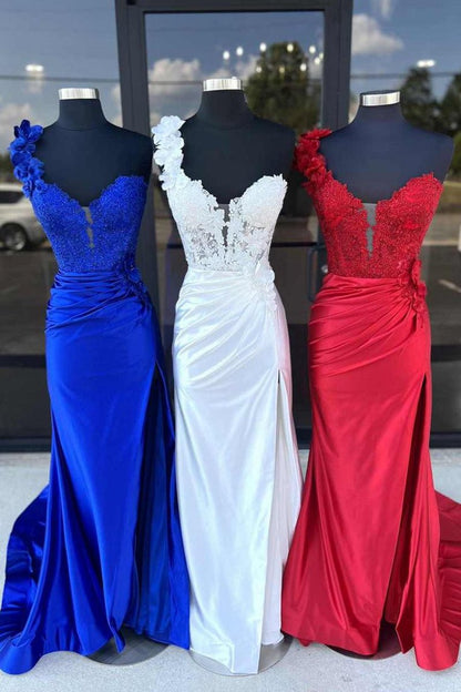 One-Shoulder 3D Floral Lace Pleated Long Gown with Slit