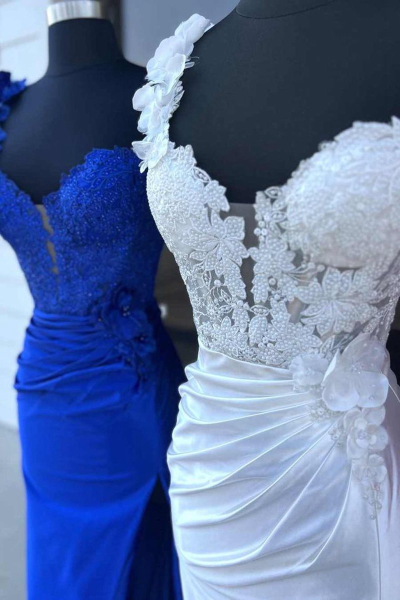 One-Shoulder 3D Floral Lace Pleated Long Gown with Slit