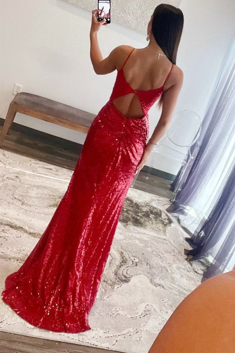 Sequin Plunge V Backless Mermaid Maxi Dresses with Slit