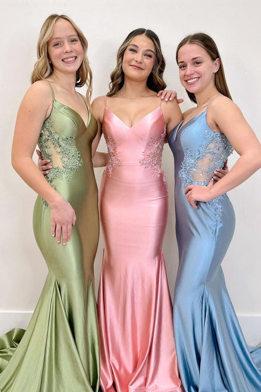 Sage Spaghetti Strap Backless Trumpet Long Gown