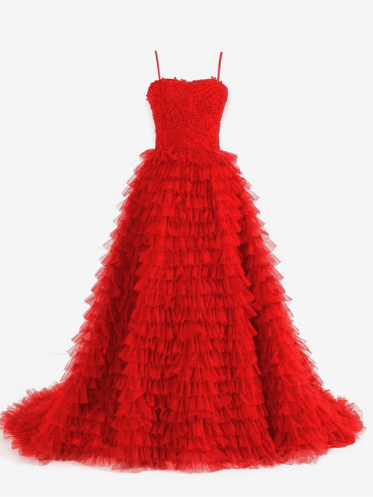 A-line Tie Sequins Tulle Long Prom Dresses