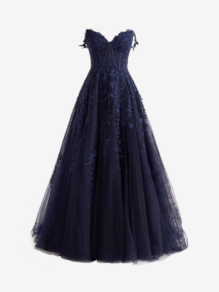 A-line Sweetheart Lace Tulle Prom Dresses with Slit