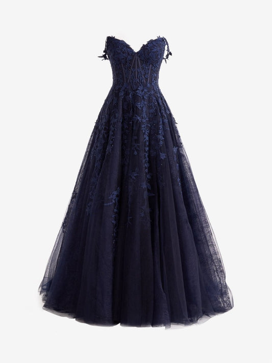 A-line Sweetheart Lace Tulle Prom Dresses with Slit