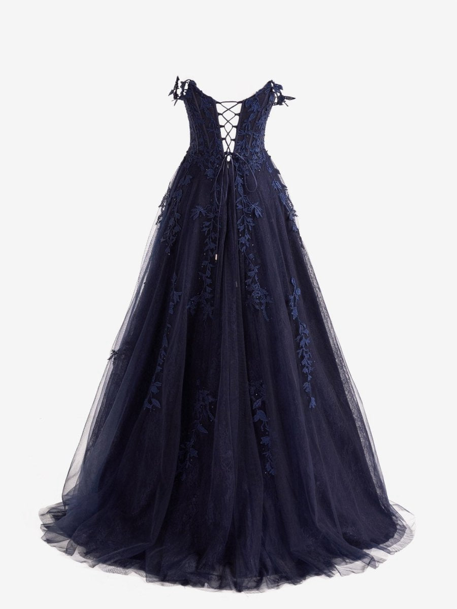 A-line Sweetheart Lace Tulle Prom Dresses with Slit