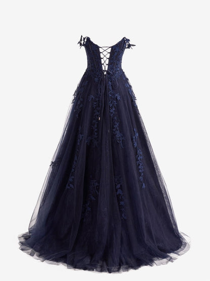 A-line Sweetheart Lace Tulle Prom Dresses with Slit