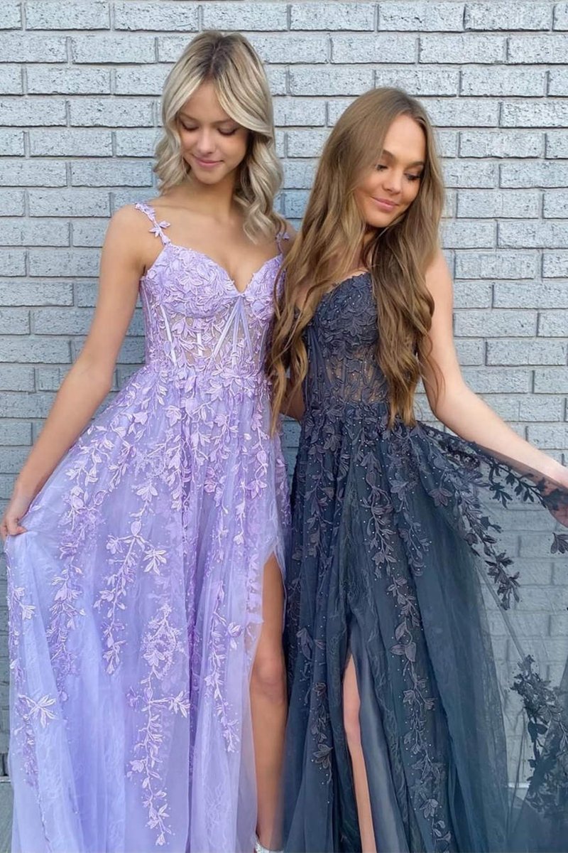 A-line Sweetheart Lace Tulle Prom Dresses with Slit