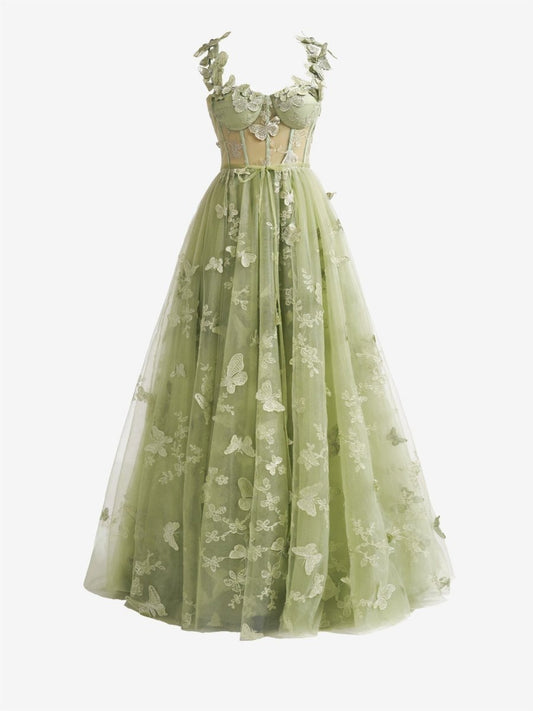 A-line Butterfly Lace Corset Prom Dresses with Slit