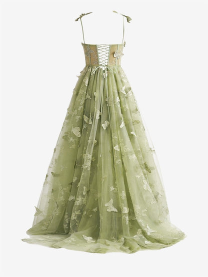 A-line Butterfly Lace Corset Prom Dresses with Slit