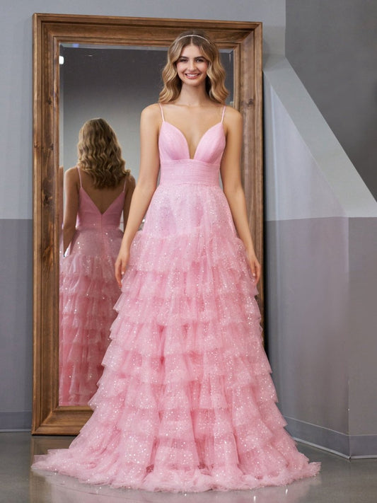 A-line Tie Spaghetti Straps Tulle Prom Dresses