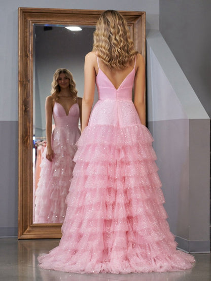 A-line Tie Spaghetti Straps Tulle Prom Dresses