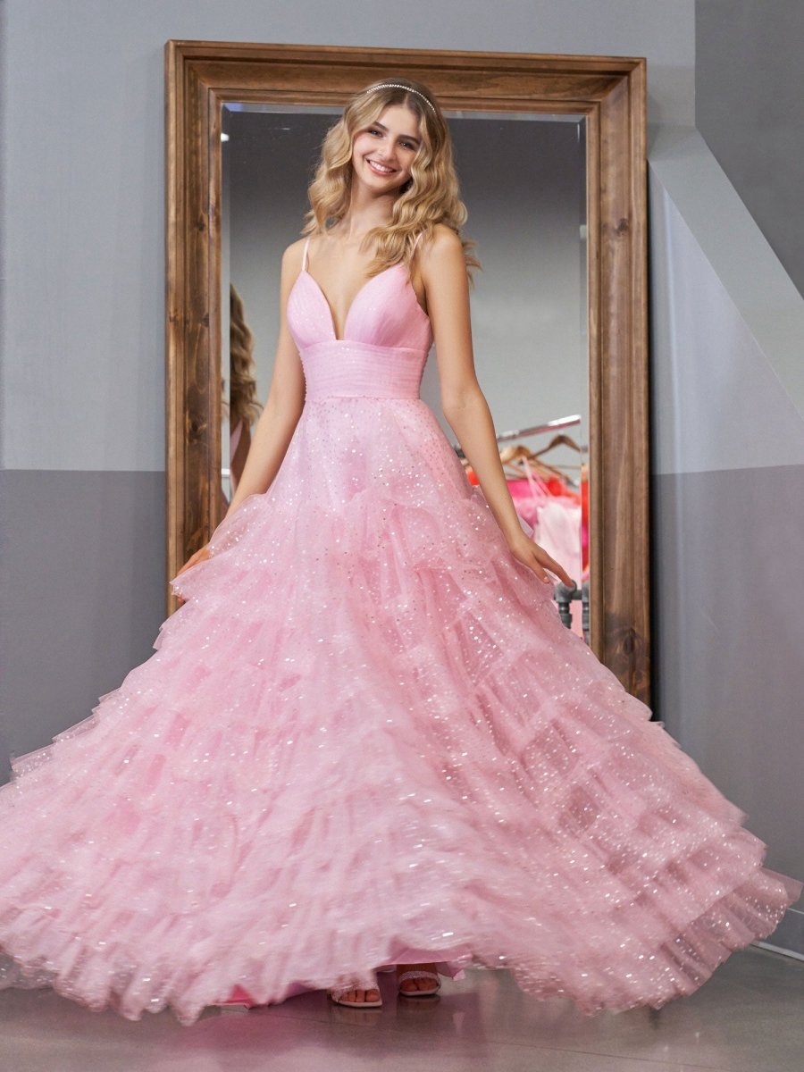 A-line Tie Spaghetti Straps Tulle Prom Dresses